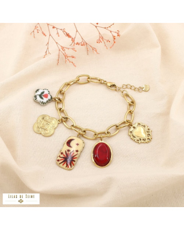 Bracelet à charms en acier inoxydable – Breloques bohèmes et symboliques LIV ✨ rouge bordeaux