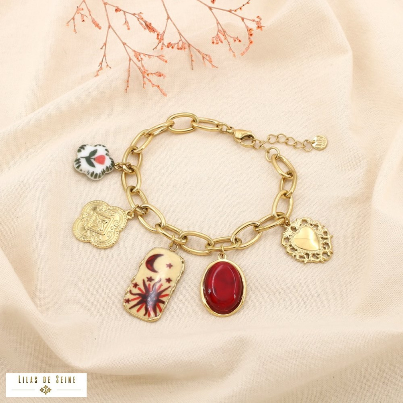 Bracelet à charms en acier inoxydable – Breloques bohèmes et symboliques LIV ✨ rouge bordeaux