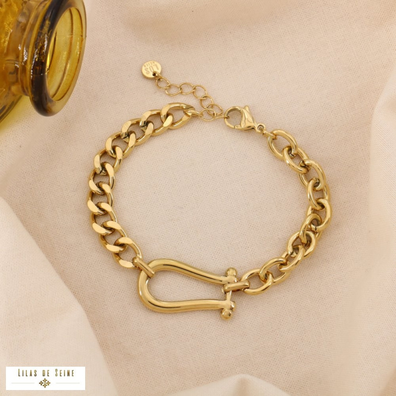 Bracelet chaîne double maille en acier inoxydable doré – Fermoir manille tendance SHAINA doré