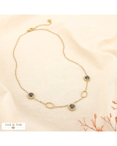 Collier en acier inoxydable doré Cabochons “œil de chat” & strass SISSI noir