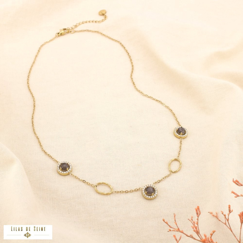 Collier en acier inoxydable doré Cabochons “œil de chat” & strass SISSI noir