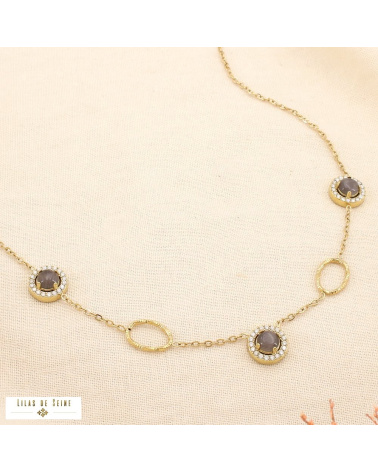 Collier en acier inoxydable doré Cabochons “œil de chat” & strass SISSI noir