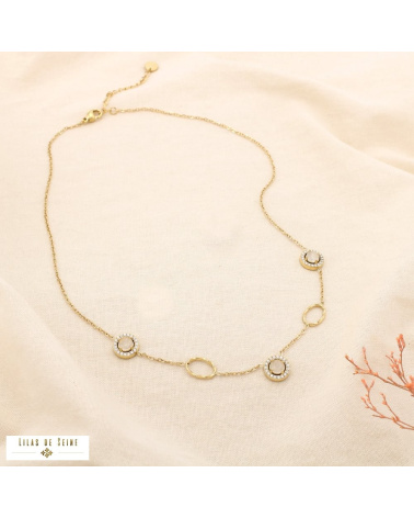 Collier en acier inoxydable doré Cabochons “œil de chat” & strass SISSI naturel/beige