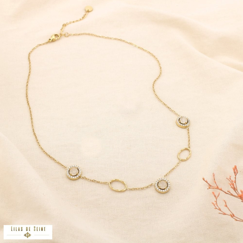Collier en acier inoxydable doré Cabochons “œil de chat” & strass SISSI naturel/beige
