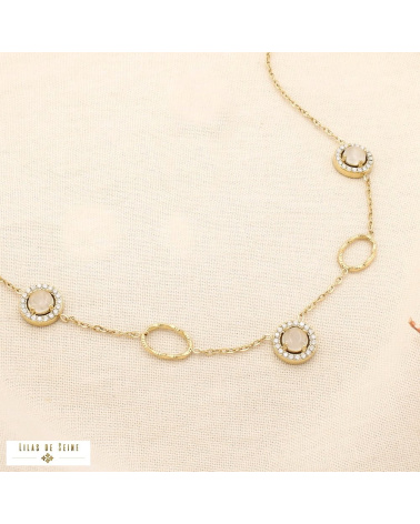Collier en acier inoxydable doré Cabochons “œil de chat” & strass SISSI naturel/beige