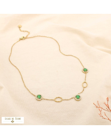 Collier en acier inoxydable doré Cabochons “œil de chat” & strass SISSI vert