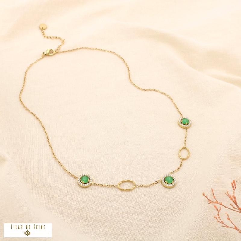 Collier en acier inoxydable doré Cabochons “œil de chat” & strass SISSI vert