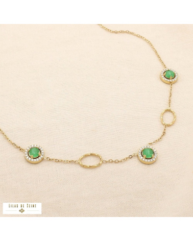 Collier en acier inoxydable doré Cabochons “œil de chat” & strass SISSI vert