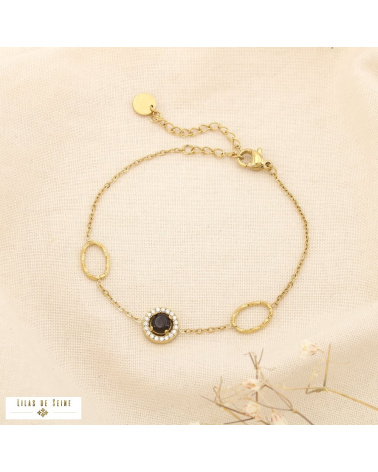 Bracelet en acier inoxydable doré Cabochon “œil de chat” & Strass SiSSI noir