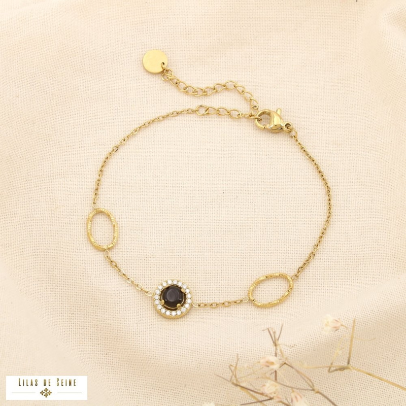 Bracelet en acier inoxydable doré Cabochon “œil de chat” & Strass SiSSI noir