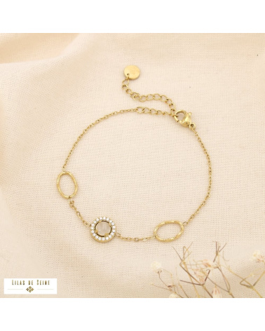 Bracelet en acier inoxydable doré Cabochon “œil de chat” & Strass SiSSI naturel/beige