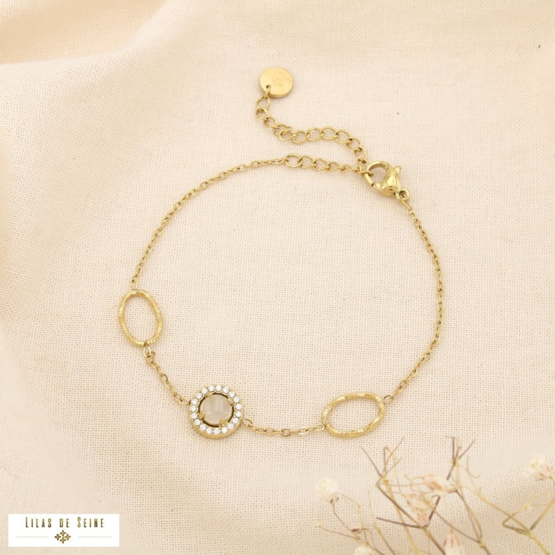 Bracelet en acier inoxydable doré Cabochon “œil de chat” & Strass SiSSI naturel/beige