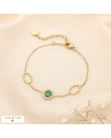 Bracelet en acier inoxydable doré Cabochon “œil de chat” & Strass SiSSI vert