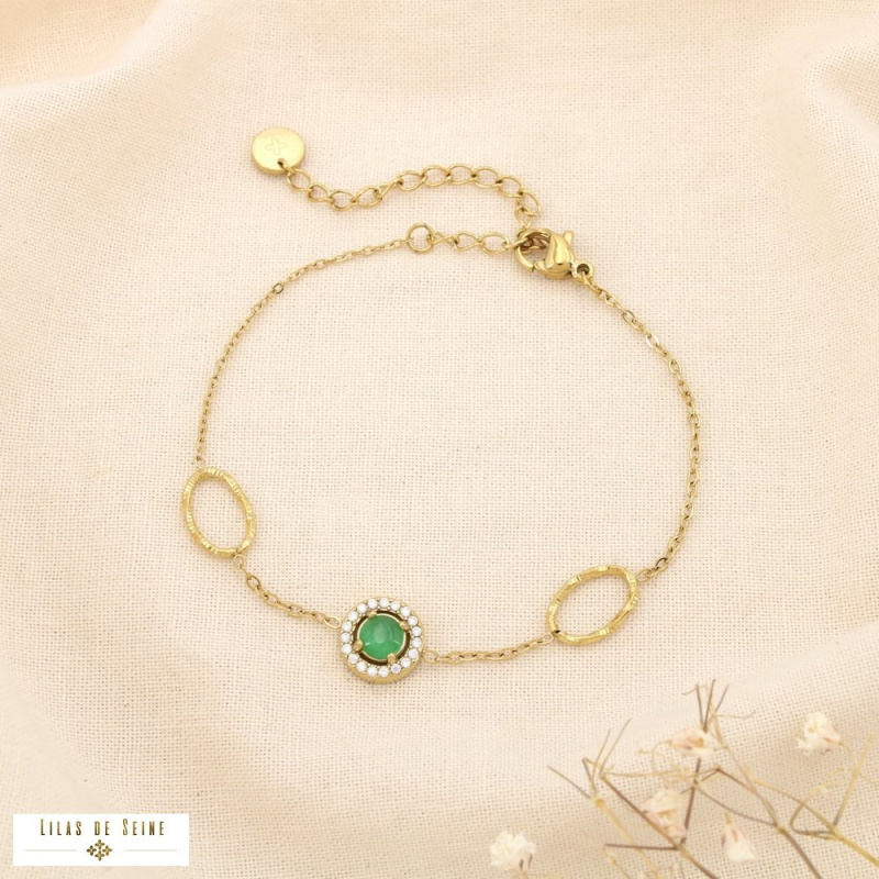 Bracelet en acier inoxydable doré Cabochon “œil de chat” & Strass SiSSI vert