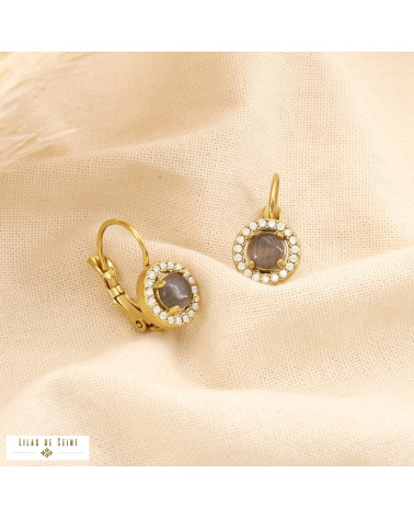 Boucles d’oreilles dormeuses en acier inoxydable Cabochon “œil de chat” & strass SISSI noir