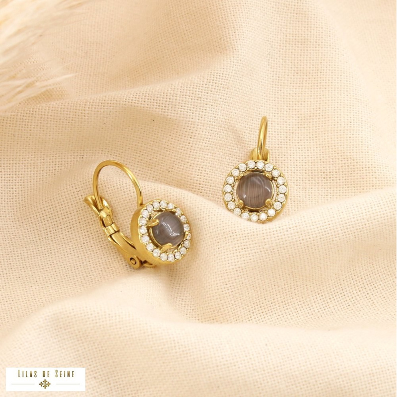 Boucles d’oreilles dormeuses en acier inoxydable Cabochon “œil de chat” & strass SISSI noir