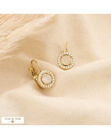 Boucles d’oreilles dormeuses en acier inoxydable Cabochon “œil de chat” & strass SISSI naturel/beige