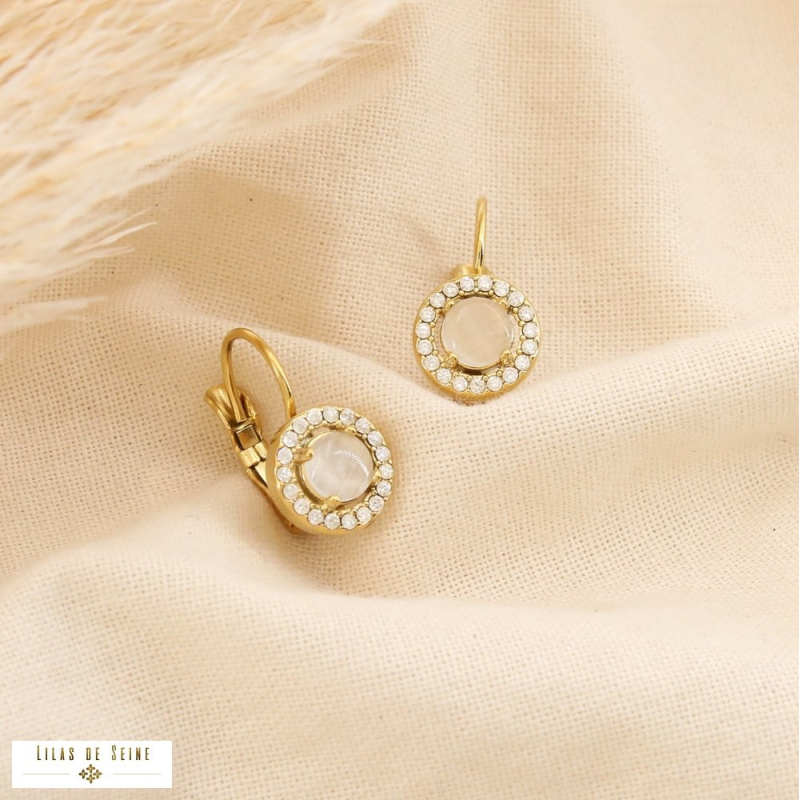Boucles d’oreilles dormeuses en acier inoxydable Cabochon “œil de chat” & strass SISSI naturel/beige