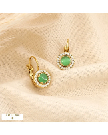 Boucles d’oreilles dormeuses en acier inoxydable Cabochon “œil de chat” & strass SISSI vert