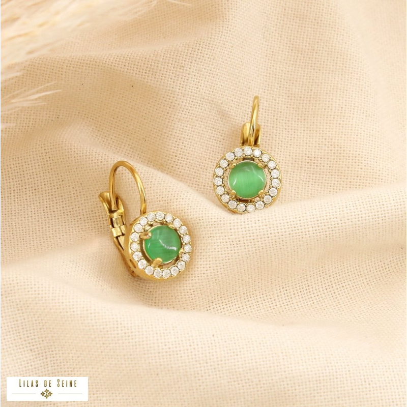 Boucles d’oreilles dormeuses en acier inoxydable Cabochon “œil de chat” & strass SISSI vert