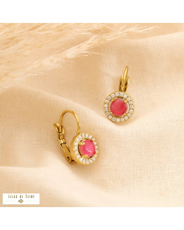 Boucles d’oreilles dormeuses en acier inoxydable Cabochon “œil de chat” & strass SISSI rose