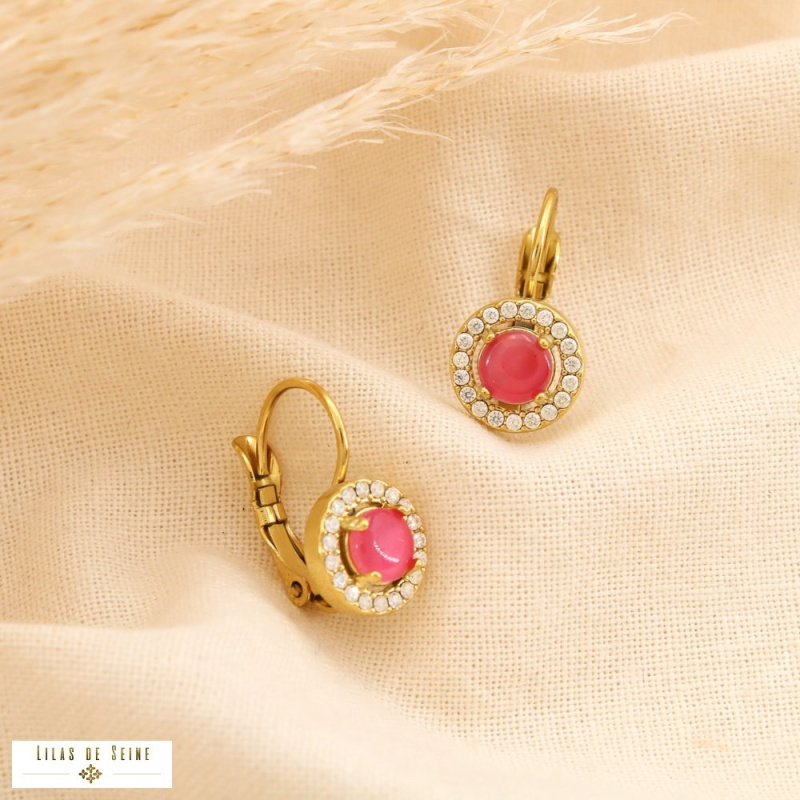 Boucles d’oreilles dormeuses en acier inoxydable Cabochon “œil de chat” & strass SISSI rose