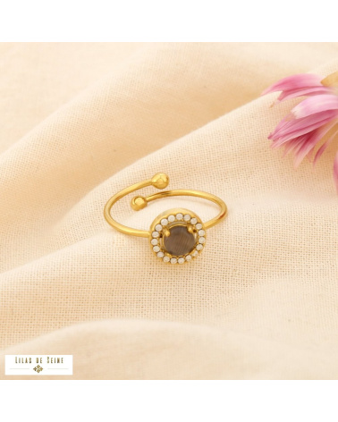 Bague ouverte en acier inoxydable Cabochon “œil de chat” & strass SISSI noir