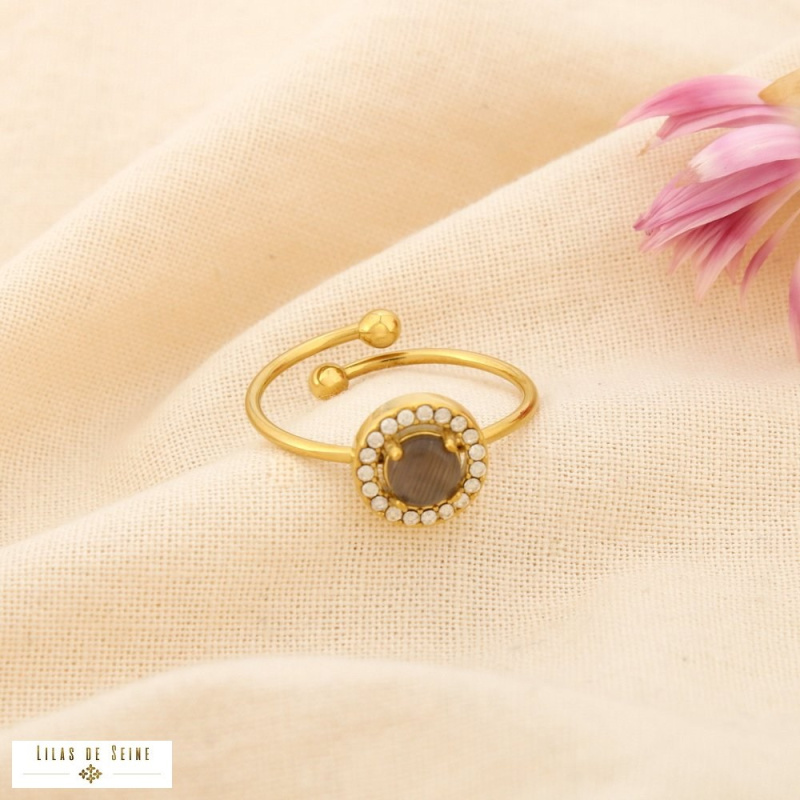 Bague ouverte en acier inoxydable Cabochon “œil de chat” & strass SISSI noir