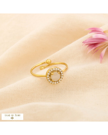 Bague ouverte en acier inoxydable Cabochon “œil de chat” & strass SISSI naturel/beige