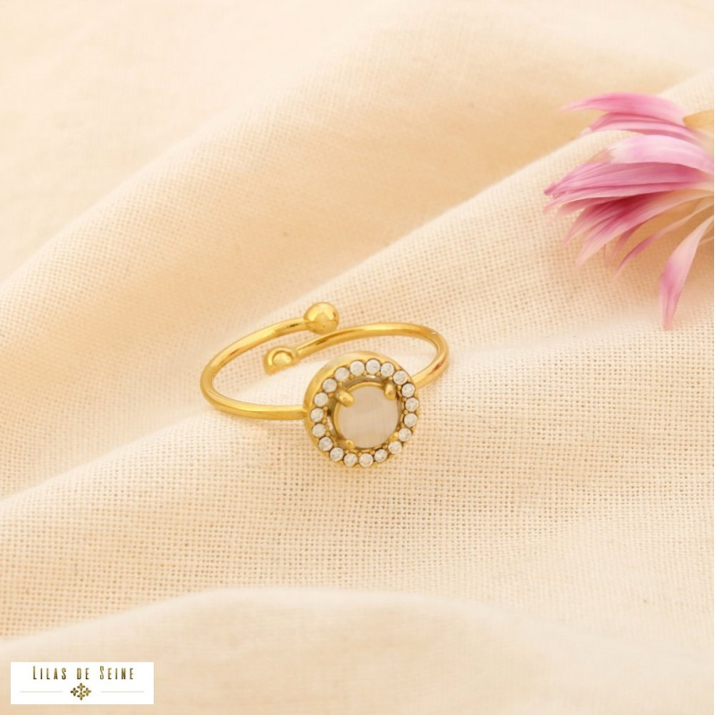 Bague ouverte en acier inoxydable Cabochon “œil de chat” & strass SISSI naturel/beige