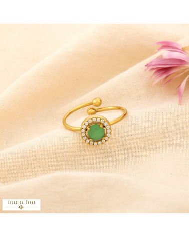 Bague ouverte en acier inoxydable Cabochon “œil de chat” & strass SISSI vert