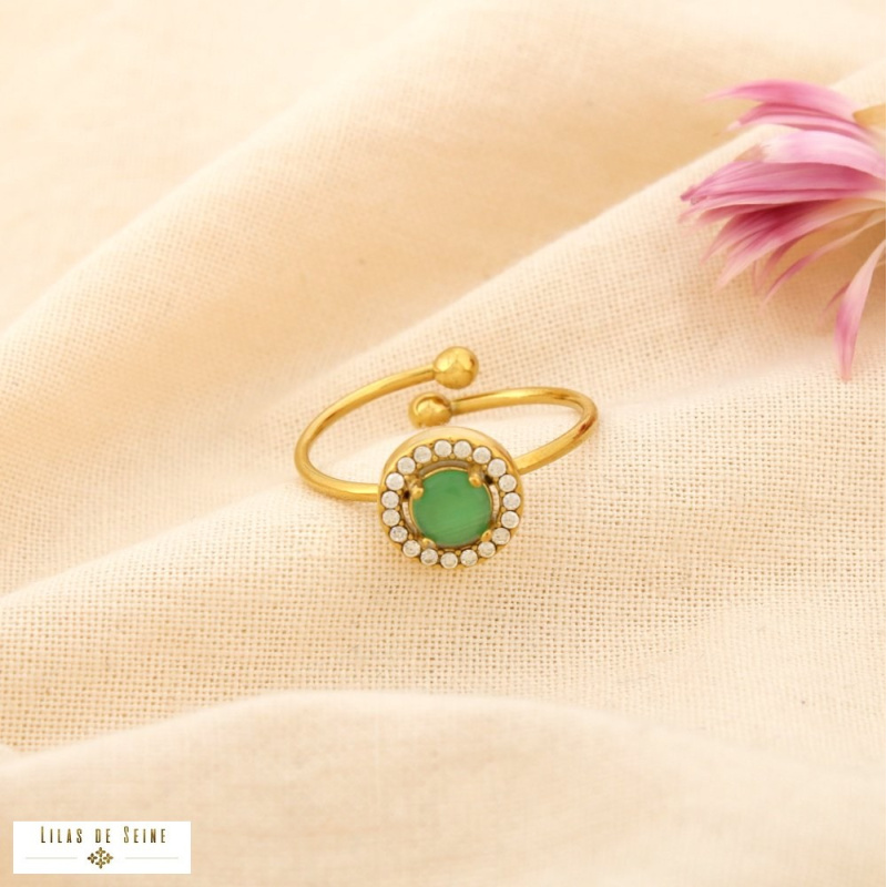 Bague ouverte en acier inoxydable Cabochon “œil de chat” & strass SISSI vert