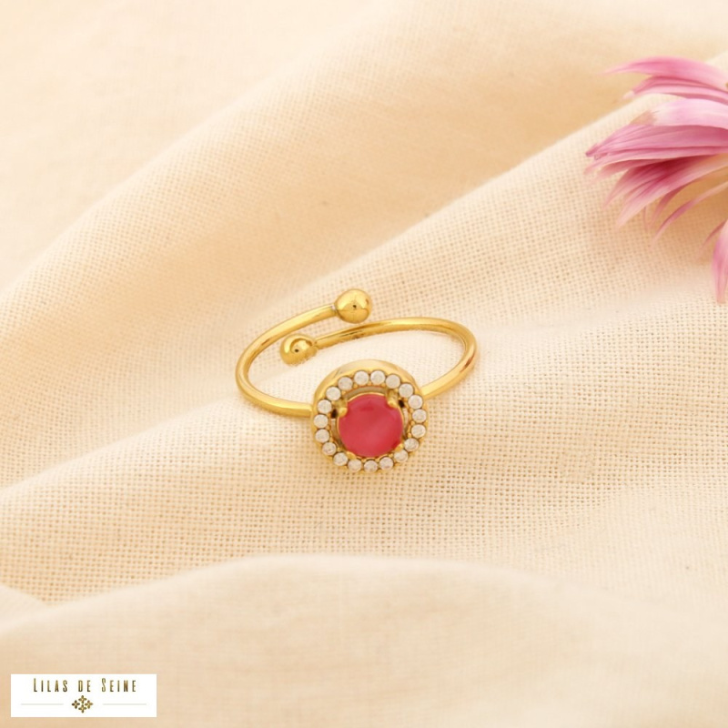 Bague ouverte en acier inoxydable Cabochon “œil de chat” & strass SISSI rose