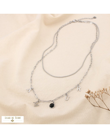 Collier double rangs AMOUR acier inoxydable Cabochon “œil de chat noir