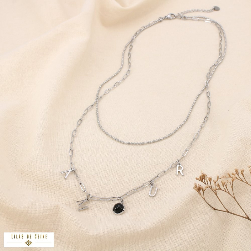 Collier double rangs AMOUR acier inoxydable Cabochon “œil de chat noir