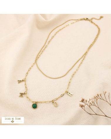 Collier double rangs AMOUR acier inoxydable Cabochon “œil de chat vert