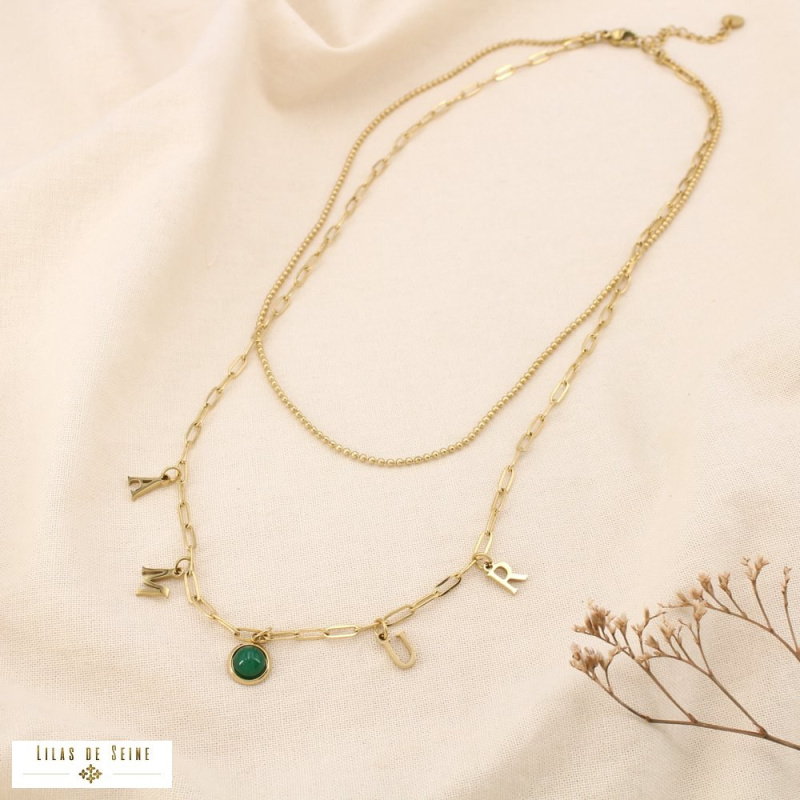 Collier double rangs AMOUR acier inoxydable Cabochon “œil de chat vert