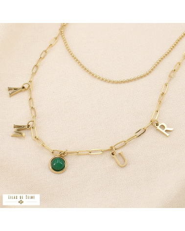 Collier double rangs AMOUR acier inoxydable Cabochon “œil de chat vert