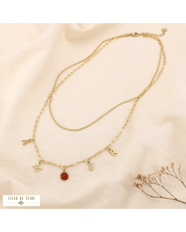 Collier double rangs AMOUR acier inoxydable Cabochon “œil de chat rouge bordeaux