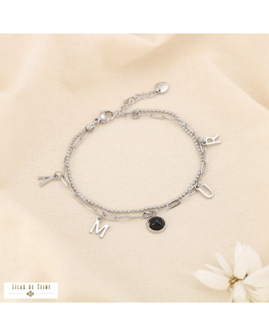 Bracelet double rangs AMOUR en acier inoxydable Cabochon “œil de chat” noir