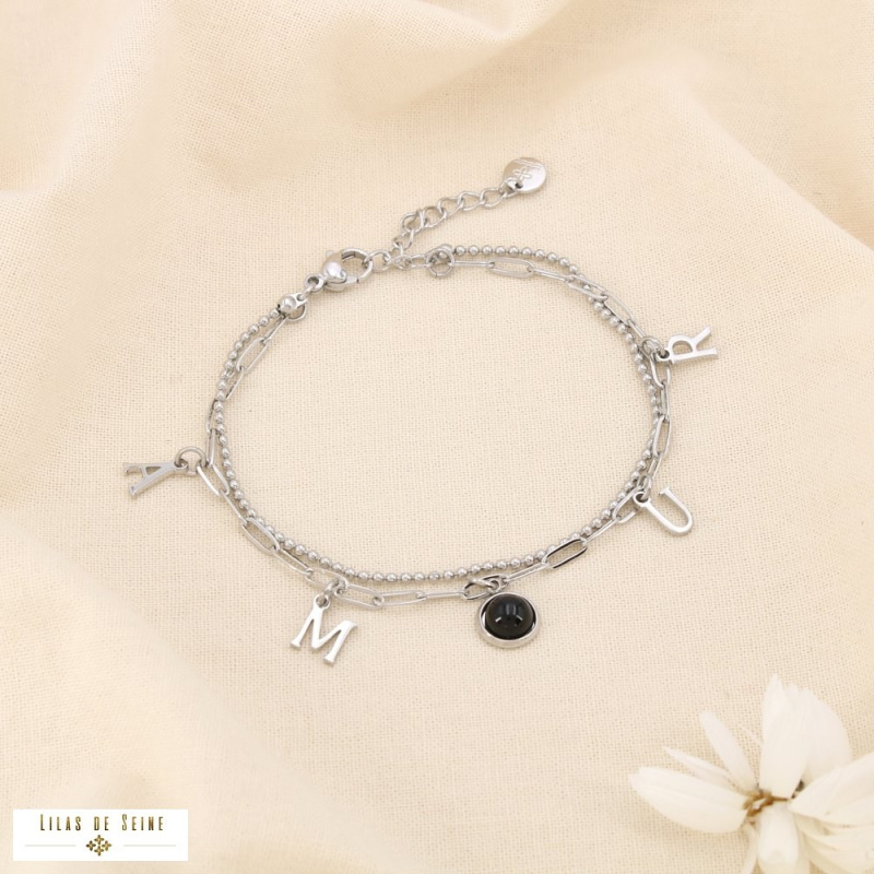 Bracelet double rangs AMOUR en acier inoxydable Cabochon “œil de chat” noir