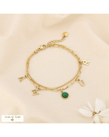 Bracelet double rangs AMOUR en acier inoxydable Cabochon “œil de chat” vert