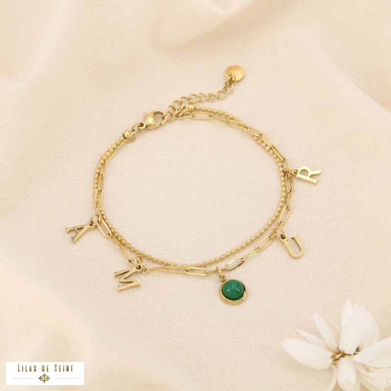 Bracelet double rangs AMOUR en acier inoxydable Cabochon “œil de chat” vert