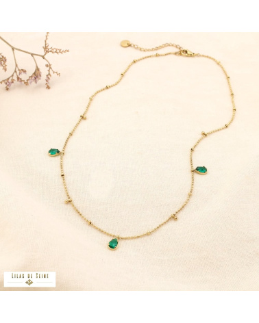 Collier en acier inoxydable Pampilles gouttes en strass & chaîne à billes DAPHNEE vert