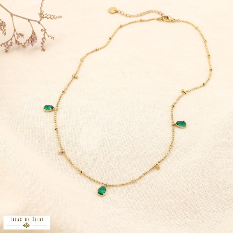 Collier en acier inoxydable Pampilles gouttes en strass & chaîne à billes DAPHNEE vert