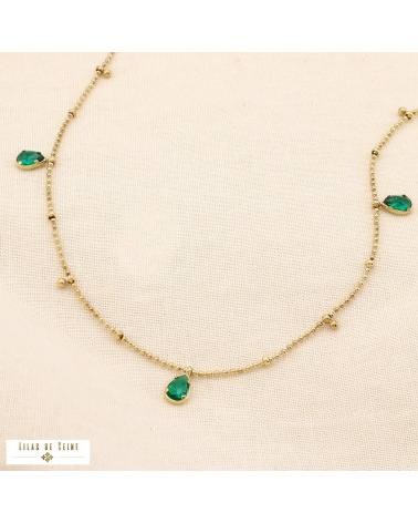 Collier en acier inoxydable Pampilles gouttes en strass & chaîne à billes DAPHNEE vert