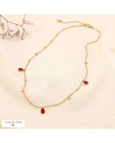 Collier en acier inoxydable Pampilles gouttes en strass & chaîne à billes DAPHNEE rouge bordeaux