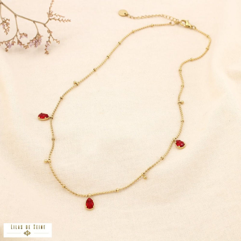 Collier en acier inoxydable Pampilles gouttes en strass & chaîne à billes DAPHNEE rouge bordeaux