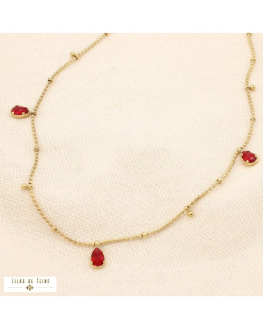 Collier en acier inoxydable Pampilles gouttes en strass & chaîne à billes DAPHNEE rouge bordeaux