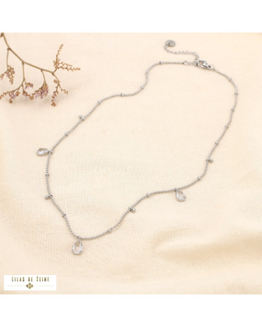 Collier en acier inoxydable Pampilles gouttes en strass & chaîne à billes DAPHNEE argenté